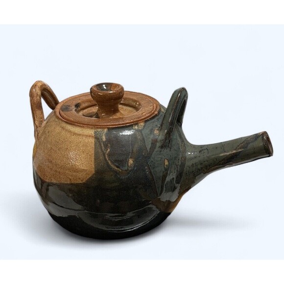 Teapot Pottery Stoneware Artisan Made Glazed Blue Beige Tan Orange Signed Diana - Picture 1 of 16